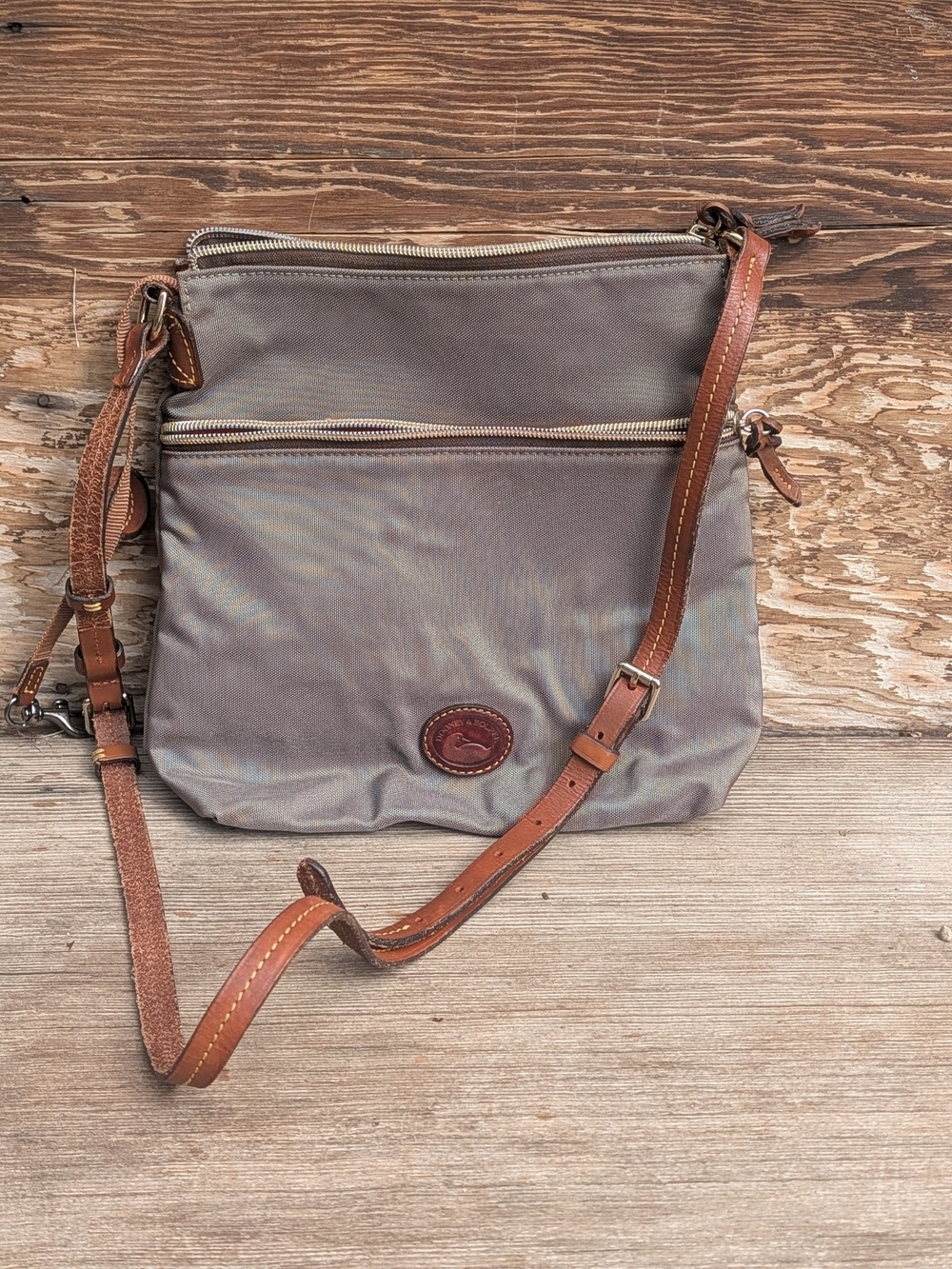 Dooney & Bourke Taupe Nylon Crossbody Bag with Brown Leather Trim